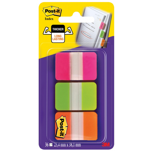 Post-it Index Strong, ft 25,4 x 38 mm, set van 3 kleuren (roze, groen en oranje), 12 tabs per kleur