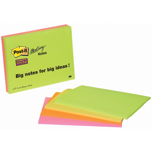 Post-it Super Sticky Meeting notes, 45 vel, ft 152 x 203 mm, geassorteerde kleuren, pak van 4 blokken