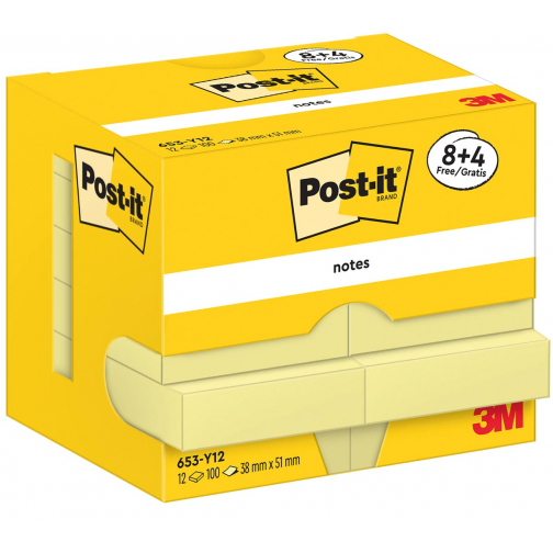 Post-It Notes, 100 vel, ft 38 x 51 mm, geel, 8 + 4 GRATIS