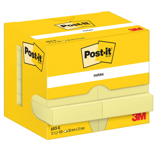 Post-It Notes, 100 vel, ft 38 x 51 mm, geel, pak van 12 blokken