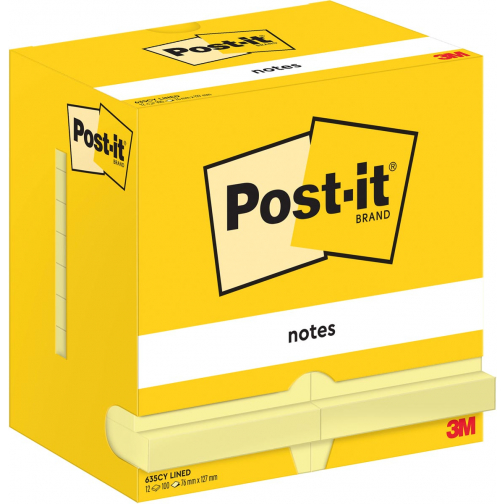 Post-It Notes, 100 vel, ft 76 x 127 mm, geel, gelijnd, pak van 12 blokken