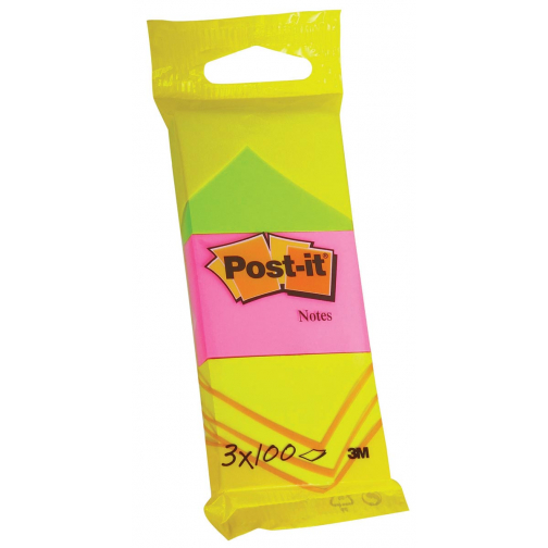Post-it Notes, 100 vel, ft 38 x 51 mm, blister van 3 blokken in neongeel, guava roze en neongroen