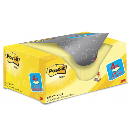 Post-it Notes, ft 38 x 51 mm, geel, blok van 100 vel, pak van 16 + 4 gratis