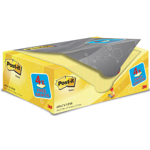 Post-it Notes, 100 vel, ft 76 x 127 mm, geel, pak van 16 blokken + 4 gratis