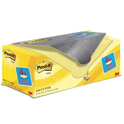 Post-it Notes, 100 vel, ft 76 x 76 mm, geel, pak van 16 blokken + 4 gratis