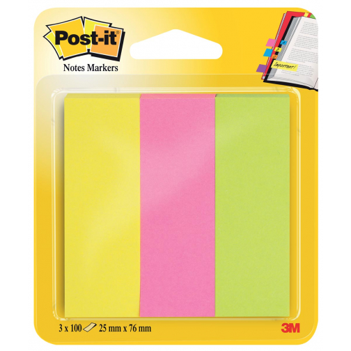 Post-it notes markers, ft 25 x 76 mm, blister met 3 x 100 vel, geassorteerde kleuren