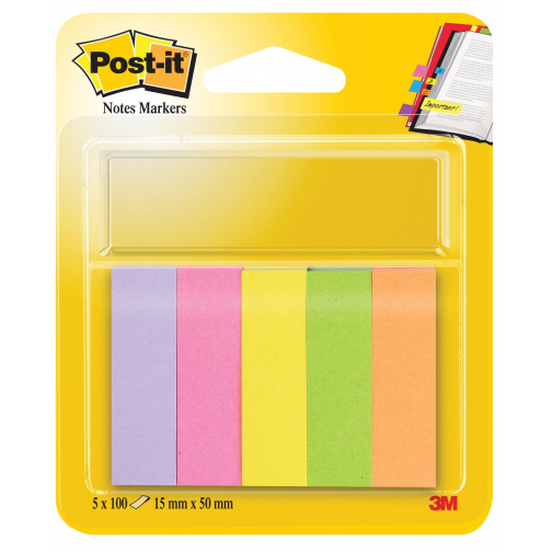 Post-it Notes Markers, ft 15 x 50 mm, geassorteerde kleuren, blister met 5 blokjes van 100 vel