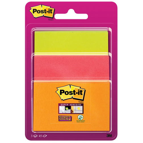 Post-it Super Sticky notes, 45 vel, 3 formaten, geassorteerde neon kleuren , op blister