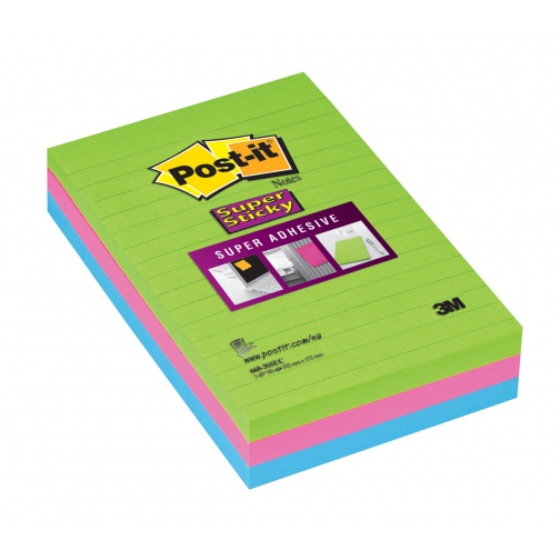 Post-it Super Sticky notes XXL, 90 vel, ft 102 x 152 mm, geassorteerde kleuren, pak van 3 blokken