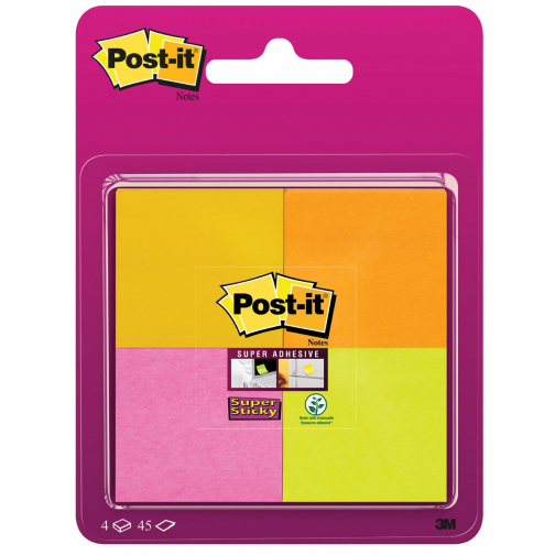 Post-It Super Sticky notes, 45 vel, ft 47,6 x 47,6 mm, blister van 4 blokken in geassorteerde kleuren