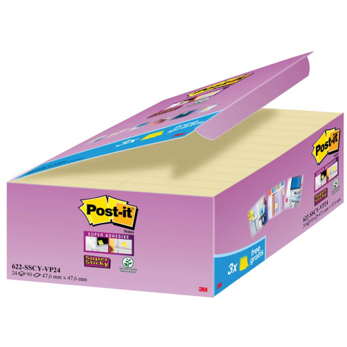 Post-it Super Sticky notes, 90 vel, ft 47,6 x 47,6 mm, geel, pak van 21 + 3 GRATIS