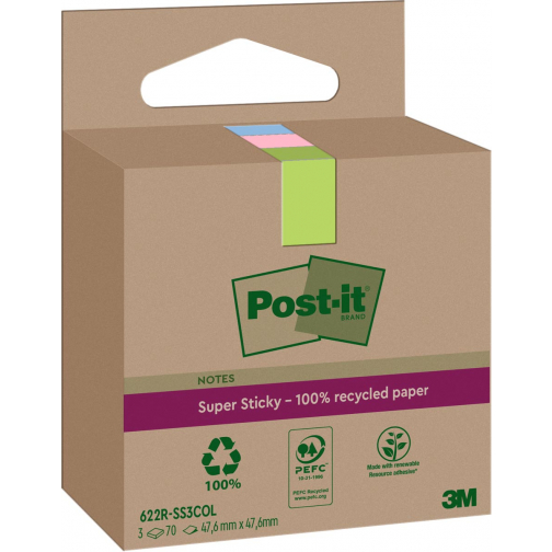 Post-it Super Sticky Notes Recycled, 70 vel, ft 47,6 x 47,6 mm, assorti, pak van 3 blokken