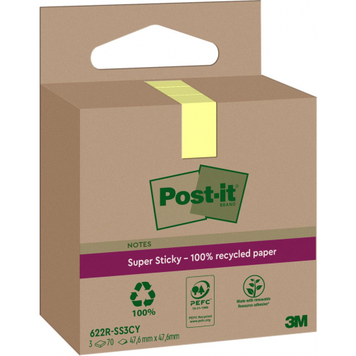 Post-it Super Sticky Notes Recycled, 70 vel, ft 47,6 x 47,6 mm, geel, pak van 3 blokken