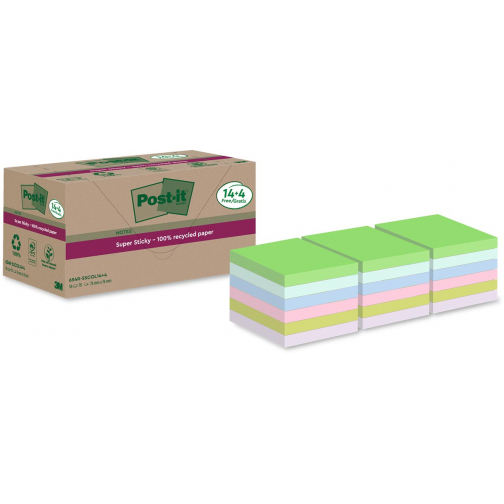 Post-it Super Sticky Notes Recycled, 70 vel, ft 76 x 76 mm, assorti, 14 + 4 GRATIS
