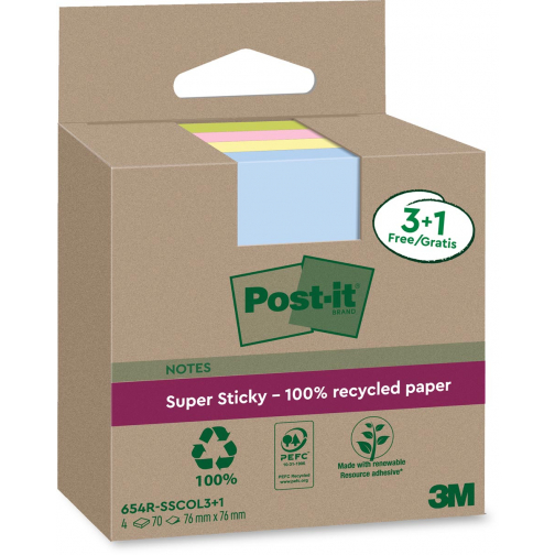 Post-it Super Sticky Notes Recycled, 70 vel, ft 76 x 76 mm, assorti, 3 + 1 GRATIS