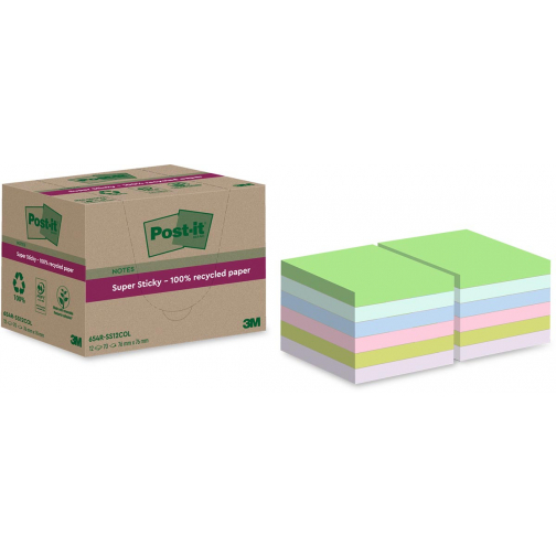 Post-it Super Sticky Notes Recycled, 70 vel, ft 76 x 76 mm, assorti, pak van 12 blokken