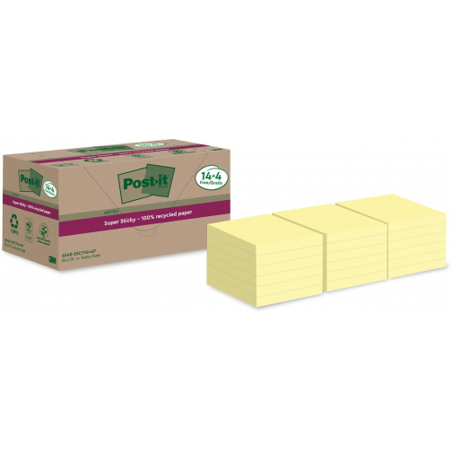Post-it Super Sticky Notes Recycled, 70 vel, ft 76 x 76 mm, geel, 14 + 4 GRATIS