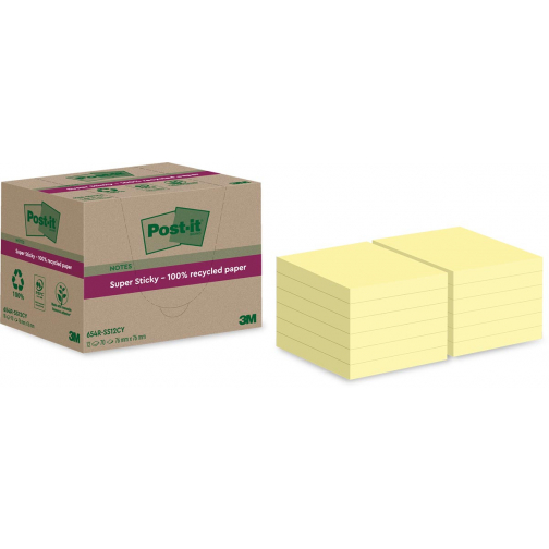 Post-it Super Sticky Notes Recycled, 70 vel, ft 76 x 76 mm, geel, pak van 12 blokken