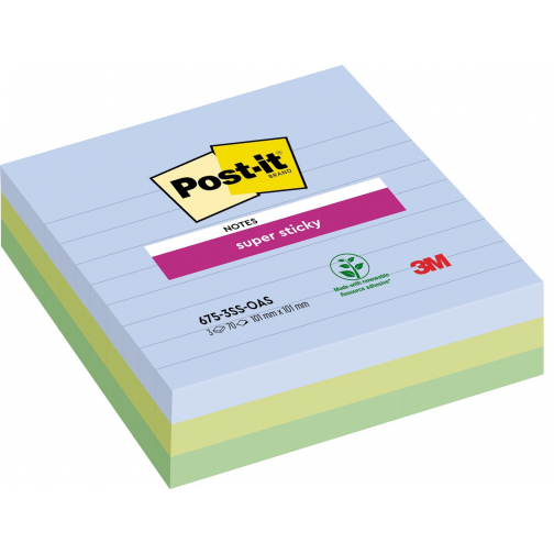 Post-it Super Sticky notes XL Oasis, 70 vel, ft 101 x 101 mm, gelijnd, assorti, pak van 3 blokken