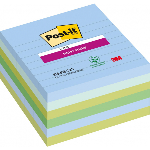 Post-it Super Sticky notes XL Oasis, 90 vel, ft 101 x 101 mm, gelijnd, geassorteerde kleuren, pak van 6 b