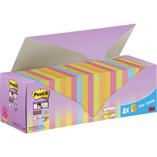 Post-it Super Sticky Z-Notes assorti, 90 vel, ft 76 x 76 mm, 20 + 4 GRATIS