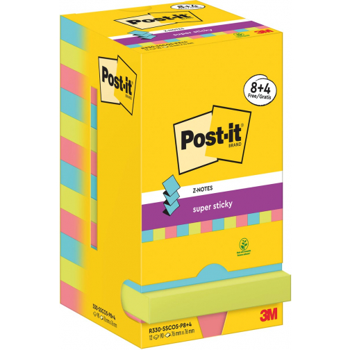 Post-It Super Sticky Z-Notes Cosmic, 90 vel, ft 76 x 76 mm, 8 + 4 GRATIS