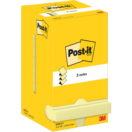 Post-It Z-Notes , 100 vel, ft 76 x 76 mm, geel, pak van 12 blokken