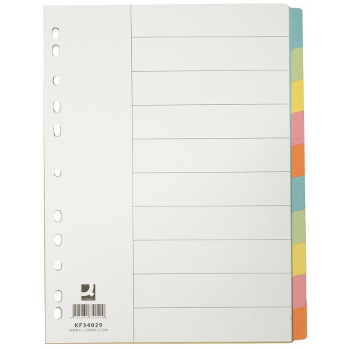 Q-CONNECT tabbladen, A4, karton, 11-gaatsperforatie, 10 tabs, geassorteerde kleuren