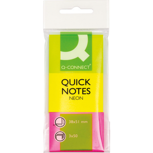 Q-CONNECT Quick Notes, ft 38 x 51 mm, 50 vel, etui van 3 blokken in neonkleuren