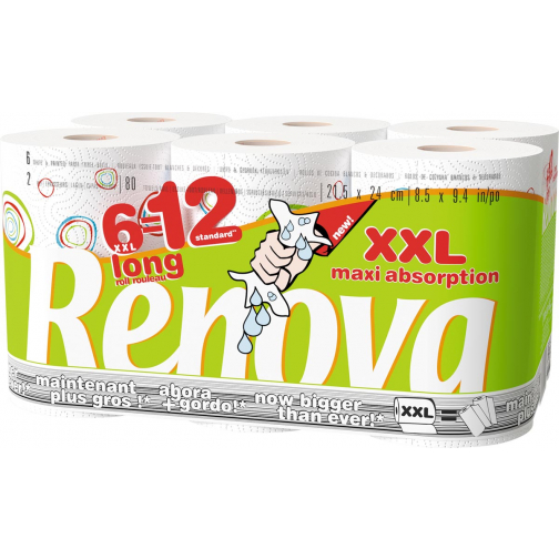 Renova keukenpapier Maxi Absorption XXL, 2-laags, 80 vel per rol, pak van 6 rollen