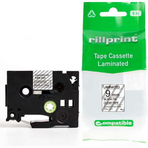 Rillprint compatible TZe tape voor Brother TZe-121, 9 mm, zwart op transparant