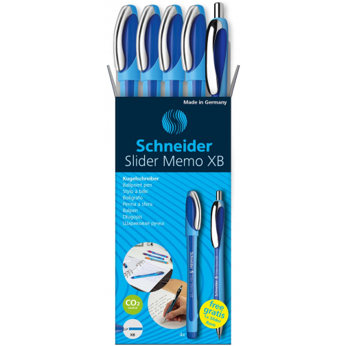 Schneider balpen Slider Memo XB blauw, 4 stuks + 1 Rave GRATIS