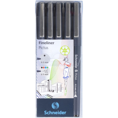 Schneider fineliner Pictus, etui van 5 stuks, assorti