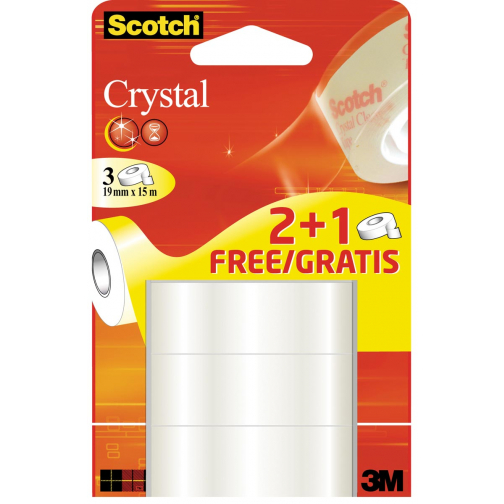 Scotch Crystal tape, 19 mm x 15 m,2 rollen + 1 gratis