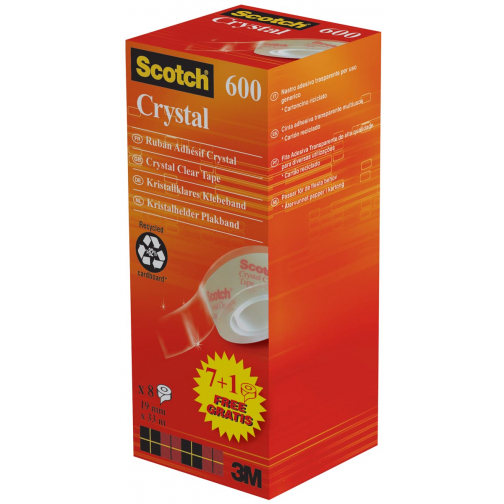 Scotch plakband Crysal Tape, ft 19 mm x 33m, 1 x value pack met 8 rollen waarvan 1 gratis