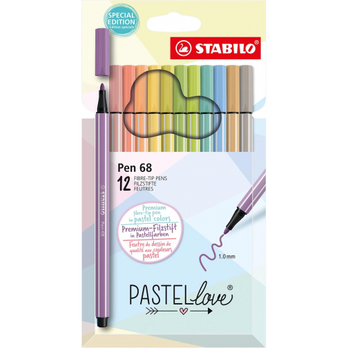 STABILO Pen 68 viltstift, pastel, etui van 12 stuks, assorti