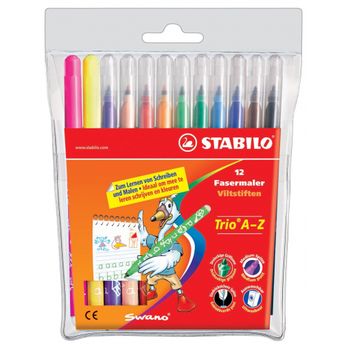 STABILO Trio A-Z viltstift, etui van 12 stuks in geassorteerde kleuren