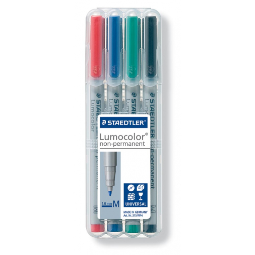 Staedtler Lumocolor 315, OHP-marker, non permanent, 1,0 mm, box van 4 stuks in geassorteerde kleuren