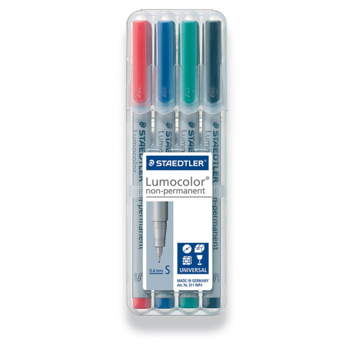 Staedtler Lumocolor 311, OHP-marker, non permanent, 0,4 mm, box van 4 stuks in geassorteerde kleuren