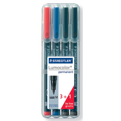 Staedtler Lumocolor 317, OHP-marker, permanent, 1,0 mm, box van 4 stuks in geassorteerde kleuren