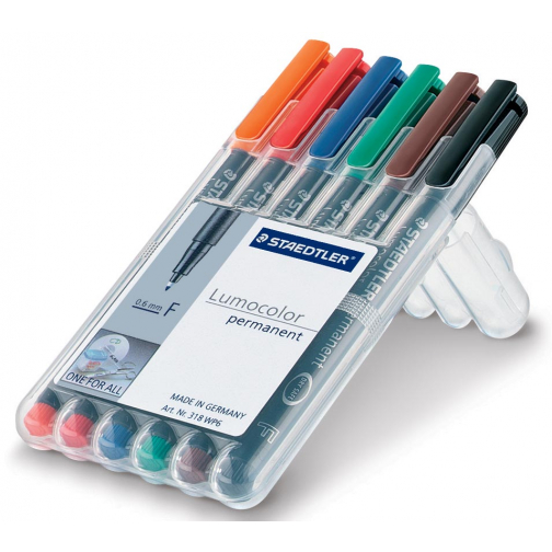 Staedtler Lumocoler 318, OHP-marker, permanent, 0,6 mm, etui van 6 stuks in geassorteerde klassieke kleur