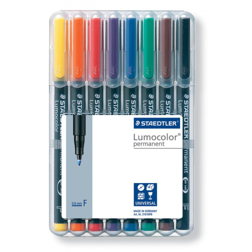 Staedtler Lumocoler 318, OHP-marker, permanent, 0,6 mm, etui van 8 stuks in geassorteerde kleuren