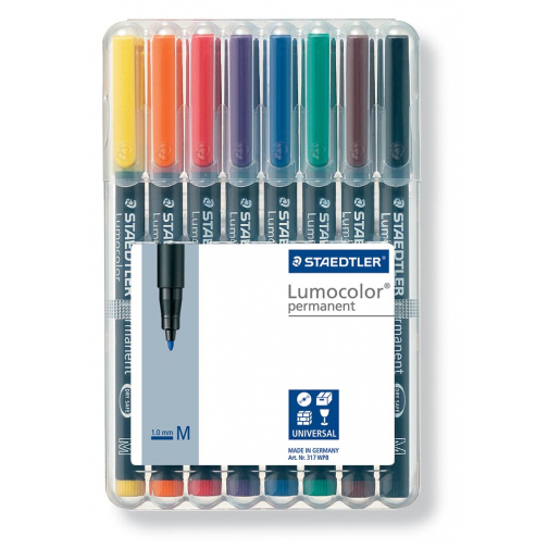 Staedtler Lumocoler 317, OHP-marker, permanent, 1,0 mm, etui van 8 stuks in geassorteerde kleuren