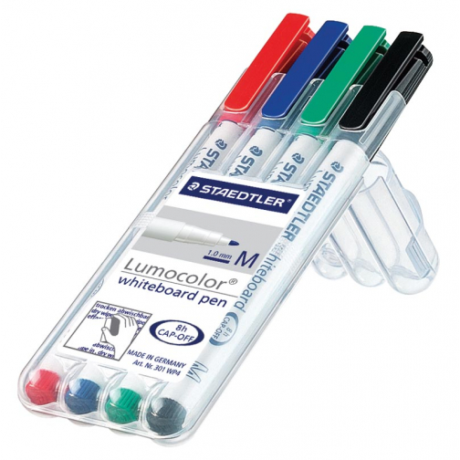 Staedtler whiteboard pen Lumocolor Pen, opstelbare box met 4 stuks in geassorteerde kleuren