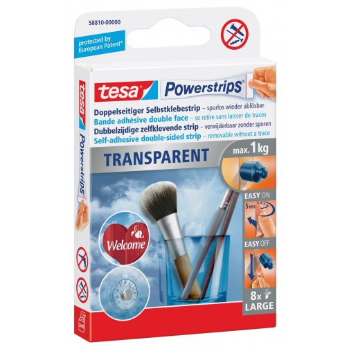 Tesa Powerstrips Transparent, draagkracht 1 kg, transparant, blister van 8 stuks