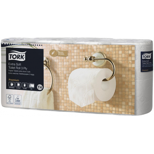 Tork Toiletpapier Extra Soft 3-laags, Wit, 155 Vel ,voor systeem T4, pak van 8 rollen
