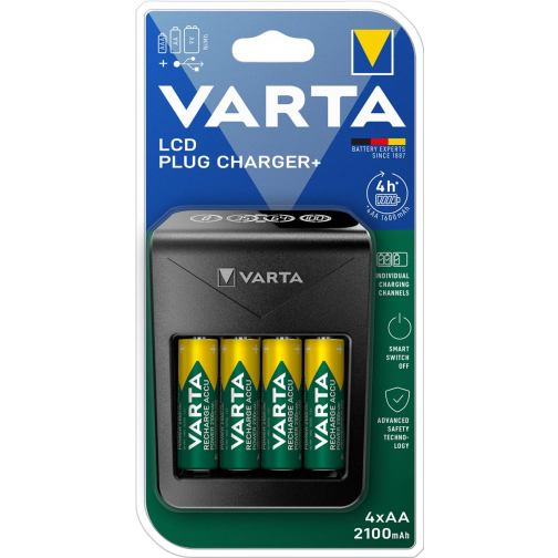 Varta batterijlader LCD Plug Charger+, inclusief 4 x AA batterij, op blister