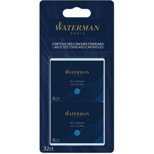 Waterman inktpatronen Standard Long, blauw (Serenity), blister van 32 stuks